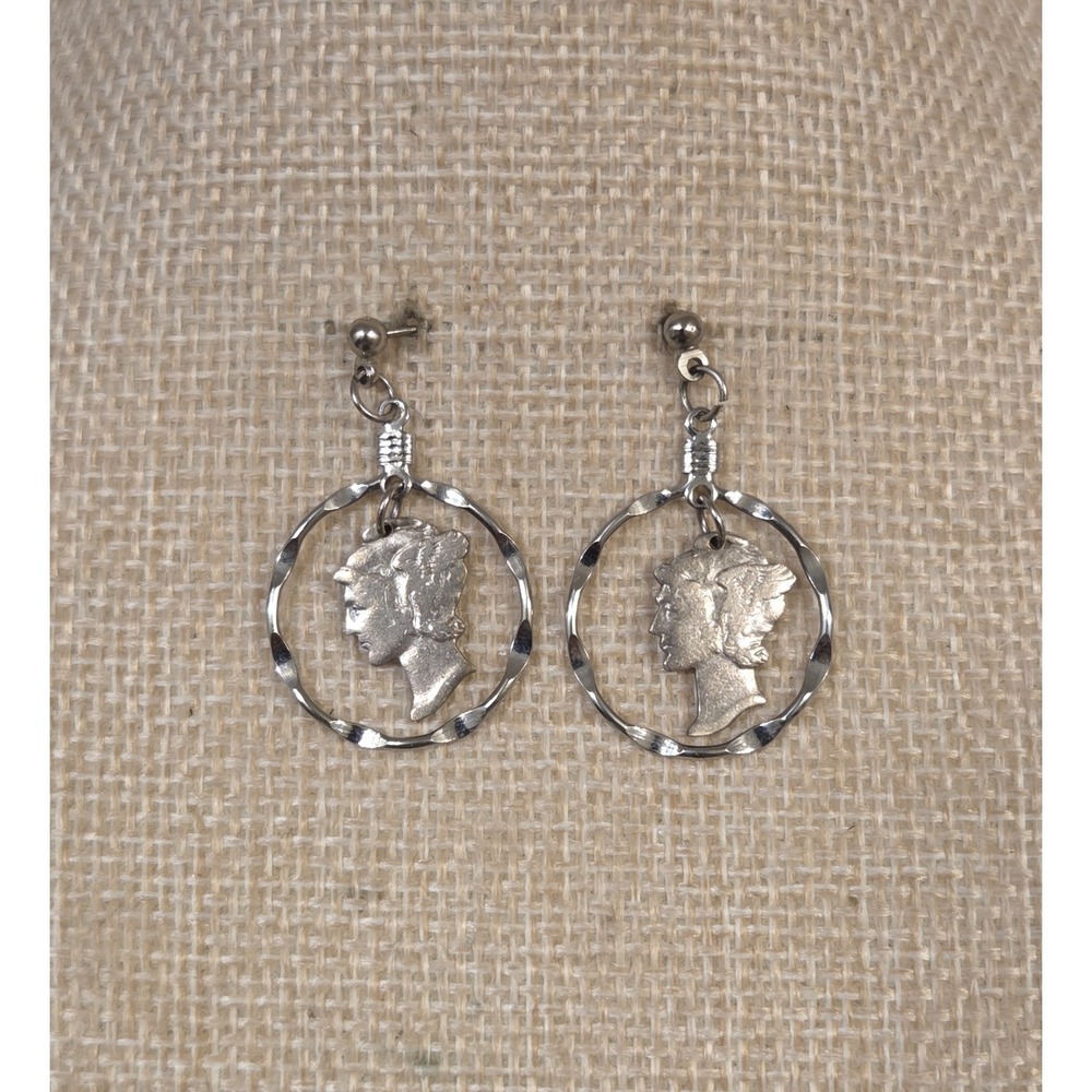 Vintage Mercury Dime Cut Out Sterling Silver Dandle Earrings